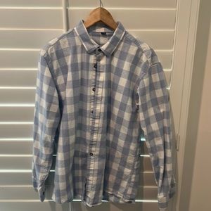 Light blue and white checked button down shirt. Super comfy!